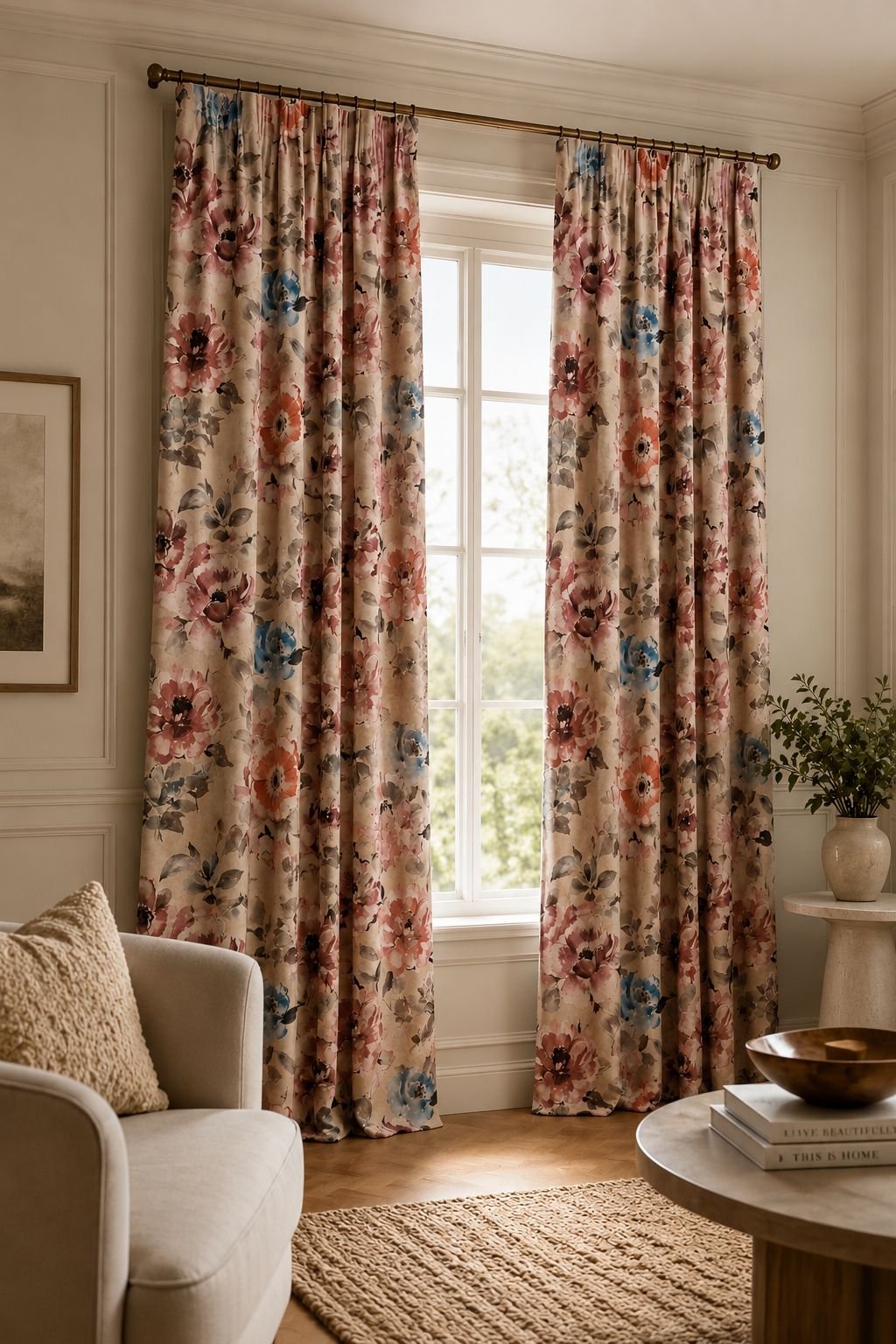 Floral curtains in living room